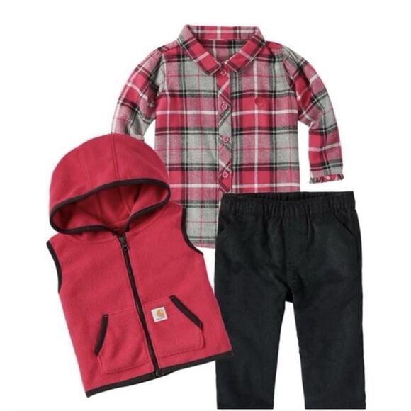 Carhartt Girls 3 Piece Corduroy Black Pants Pink Vest Flannel Plaid Top 3 Months - Picture 2 of 6